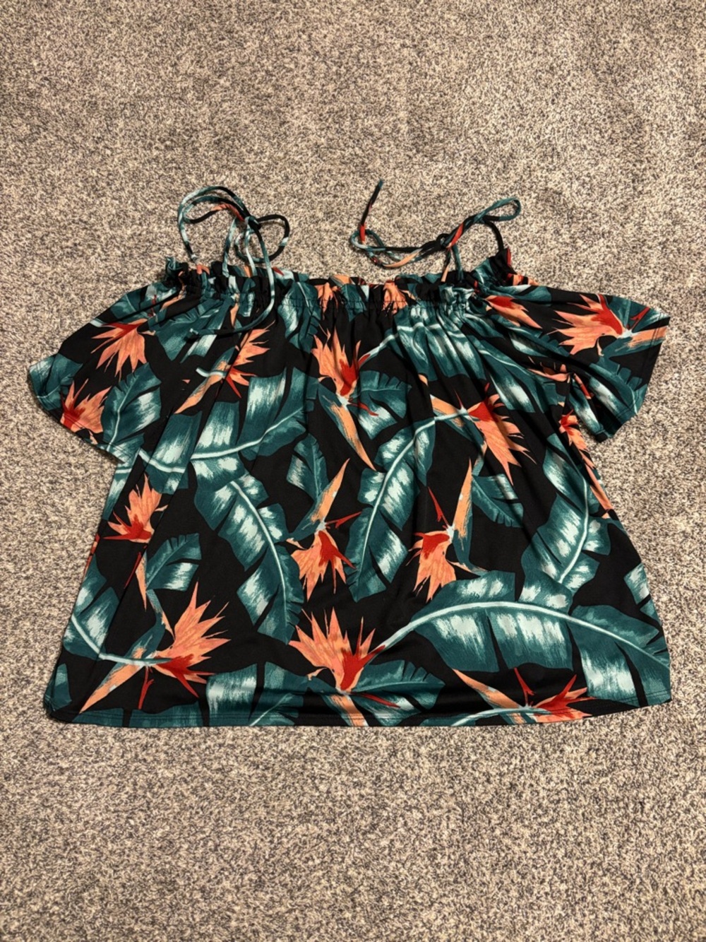 Tropical Off-Shoulder Women’s Top in Black with Teal & Coral Floral Print